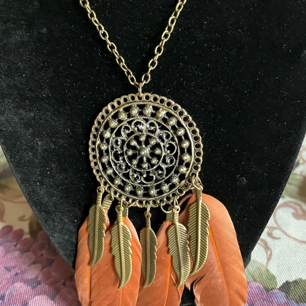 Gold and Orange Dreamcatcher Necklace